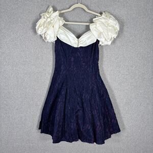 Vintage 80s Lace Dress Size 11 12 Satin Puff Shoulders Prom Navy Party Cocktail